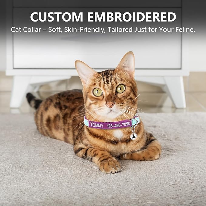 Personalized Nylon Cat Collar Breakaway with Bell, Custom Glow in The Dark ID Collar with Embroidered Name and Phone Number (Glow in The Dark)