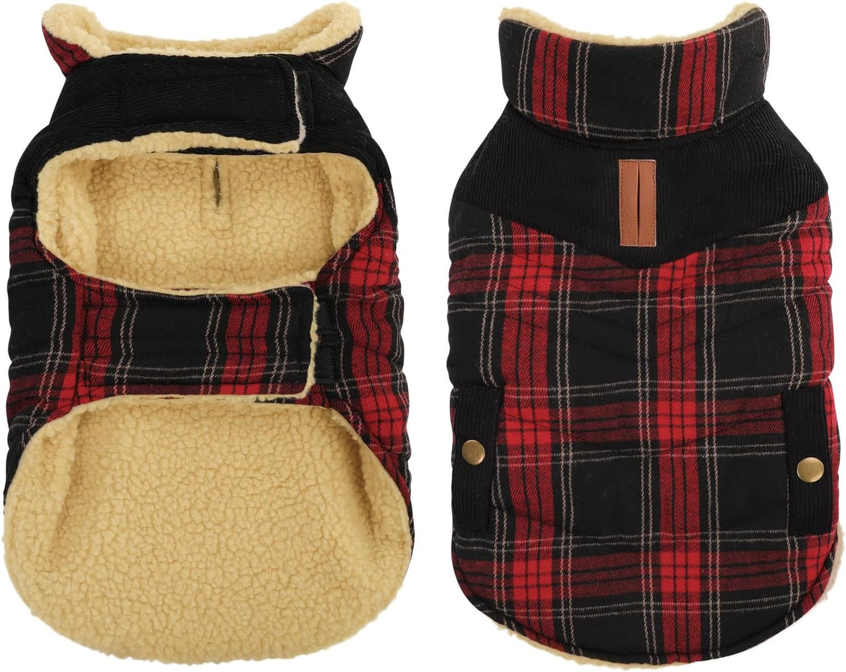Queenmore Dog Winter Coat Warm Dog Jacket for Cold Weather, Quilting Puffer Plaid Coats for Small/Medium Dogs Waterproof,Girl/Boy Pet Christmas Coat,Pet Snowsuit with Leash Hole/Fleece Padding, M
