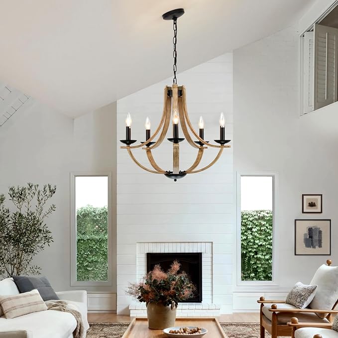 Farmhouse Chandeliers for Dining Room Light Fixture, 5-Light 24 inch Faux Wood Texture Hanging Lighting Fixtures, Rustic Candle Chandeliers for Living Room Kitchen Island Foyer Entryway