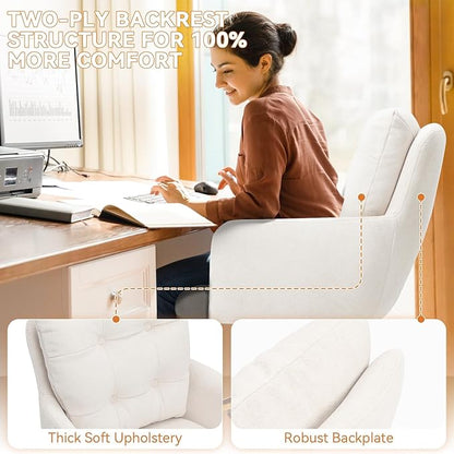 BALIAA Flannel Office Chair Vanity Chair Comfy Home Office Desk Chairs with Lumbar Support, Modern Plush Fabric Desk Gold Legs Swivel Task for Home Office Bedroom Study White Upgraded Version