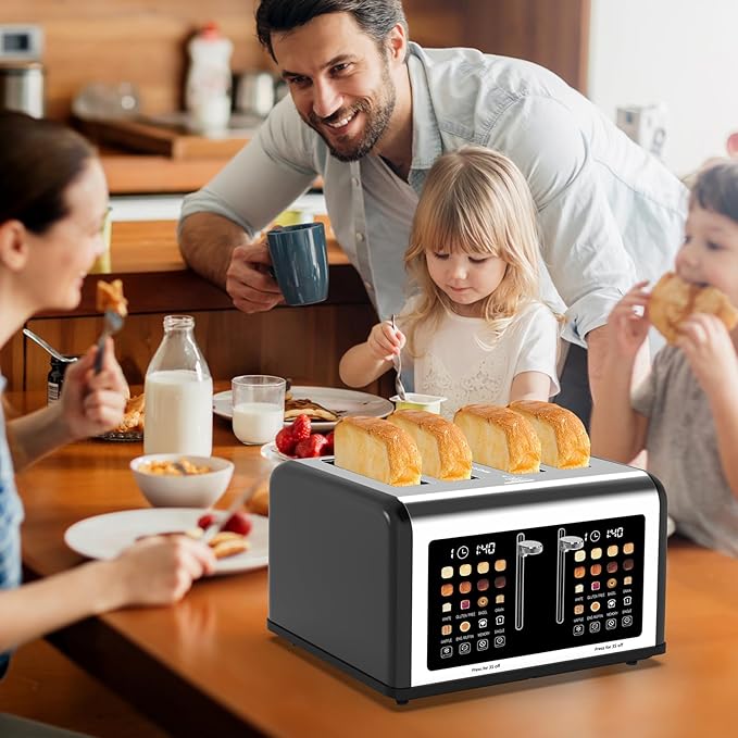 4 Slice Toaster Touch Screen, Stainless Steel Toasters Digital Timer, Dual