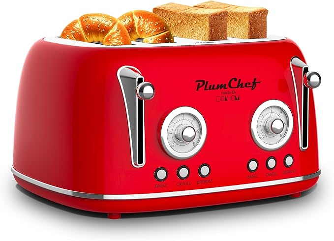 Plumchef 4 Slice Wide Slot Retro Style Toaster, Dual Control Toaster wtih Timer