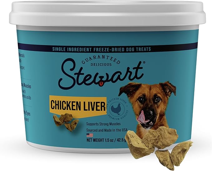 Stewart Chicken Liver Dog Treats, 1.5 oz, ~25 Pieces, Freeze Dried Raw, Single Ingredient, 60% Protein Training Treats or Meal Topper in a Resealable Tub, Grain Free, Gluten Free