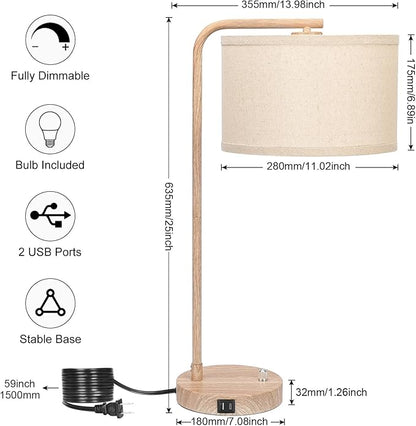 Farmhouse Table Lamp, Fully Dimmable Bedisde Nightstand Lamp with USB C+A Charging Ports, Modern Tall Table Lamp Desk Reading Lamp for Living Room, Bedroom, Office, 9W LED Bulb Included