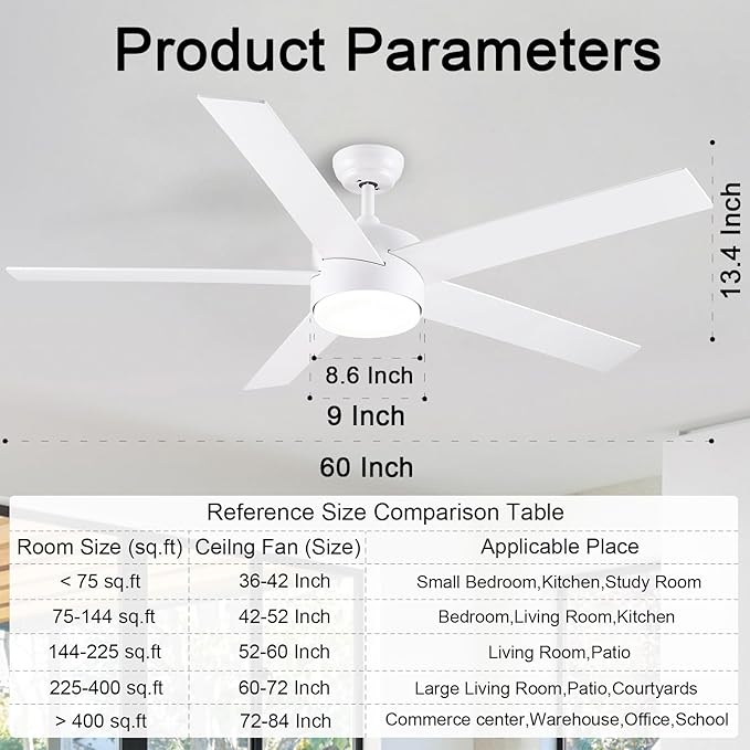POCHFAN 60 Inch White Ceiling Fans