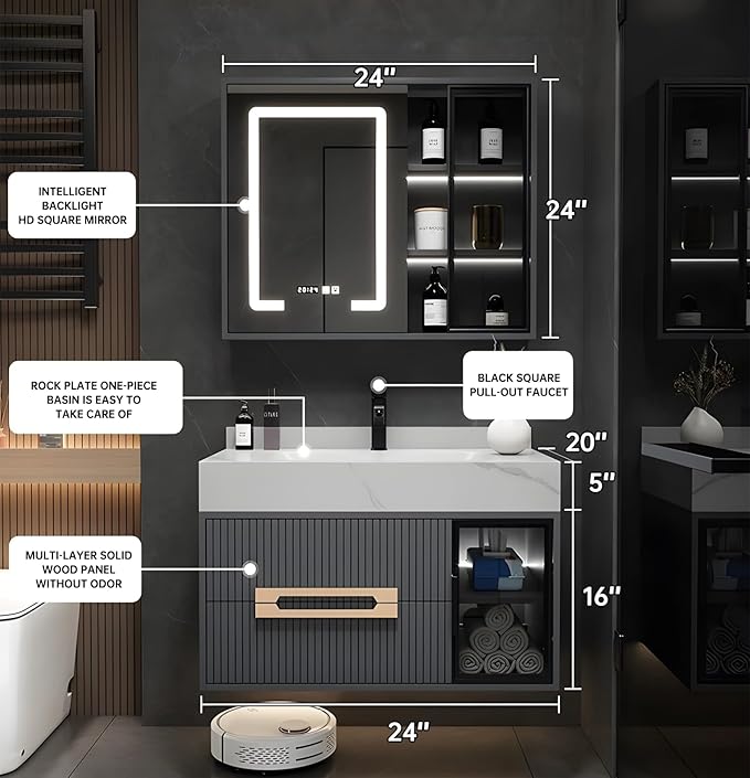 Floating Bathroom Vanity with Sink, 24IN Bathroom Vanities Cabinet Includes LED