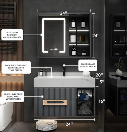 Floating Bathroom Vanity with Sink, 24IN Bathroom Vanities Cabinet Includes LED