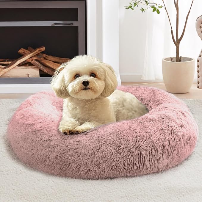 JOLLYVOGUE Calming Dog Bed Medium Size Dog, 31in Donut Washable Medium Pet Bed, Anti-Slip & Anti-Anxiety Fluffy Faux Fur Round Dogs Bed, Fits up to 45 lbs Pets (Dark Pink)