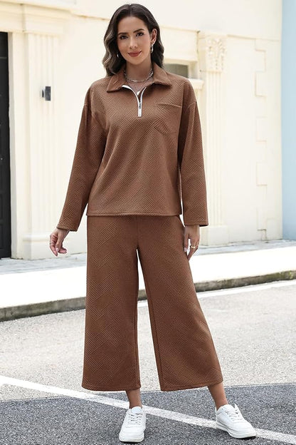 AGSEEM Lounge Sets for Women, Women's 2 Piece Outfits Long Sleeve 1/4 Zip Pullover Cropped Pants 2PC Outfit Comfy Sweatsuits
