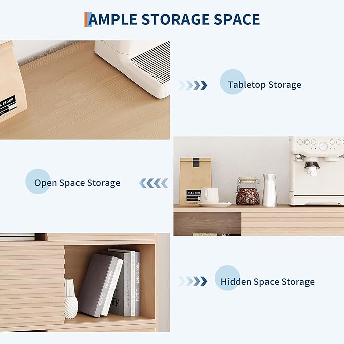 IDEALHOUSE Fluted Cabinet with Sliding Doors, Modern Wooden Storage Cabinet