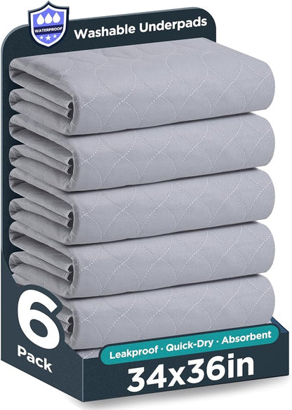 Washable Bed Pads 34" x 36" - 6 Pack, Grey, Waterproof Bed Pads for Incontinence, Bed Wetting Pads for Bed, Sofa, Floor, Resuable Underpads for Adults, Seniors, Pet