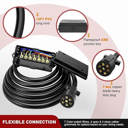 Nilight Heavy Duty 7 Way Inline Trailer Plug with 7 Gang Junction Box | Weatherproof 12 Feet Connector Cable Wiring Harness Suitable for RV Automotives Cars