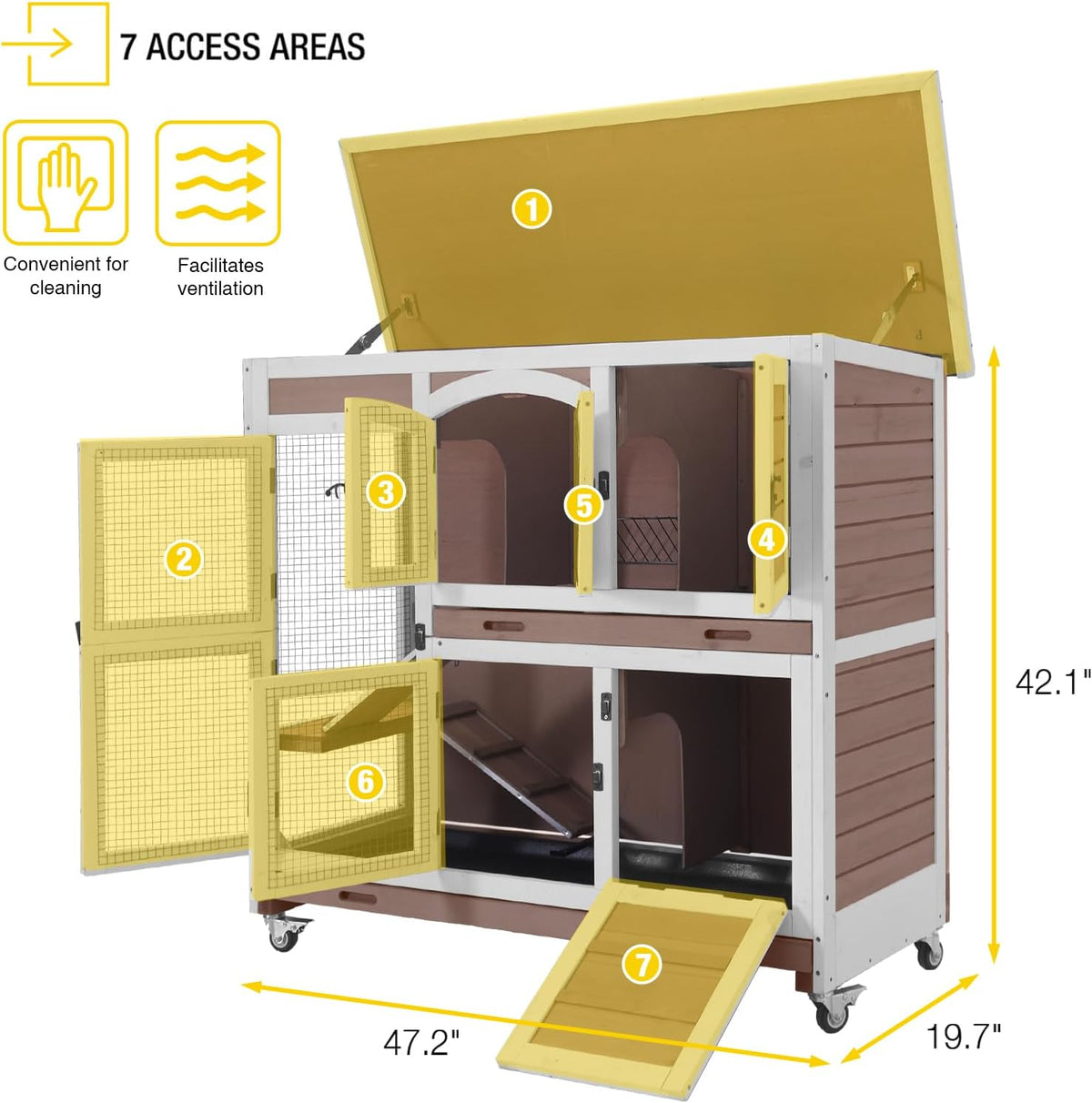 Aivituvin Rabbit Hutch Indoor, Bunny Cage with Wheels, 2-Story Design, 2 Deep Trays, Anti Slip Ramp, Ideal for Small Animals - Brown