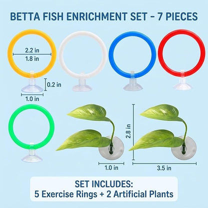 Betta Fish Tank Accessories and Toys, 7 Piece Betta Enrichment Set with Exercise Rings and Plants, Mental Stimulation and Stress Reduction for Betta Fish, Betta Toys