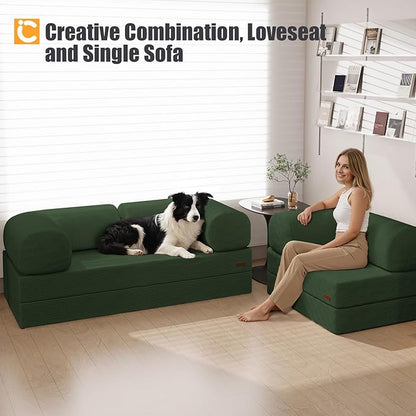 COMAX Folding Sofa Bed, Fold Out Chair Bed, Foldable Sofa, Convertible Sleeper for Adults, Futon Chair Single Small Floor Couch for Spaces, Bedroom Living Room Guest Room, Green