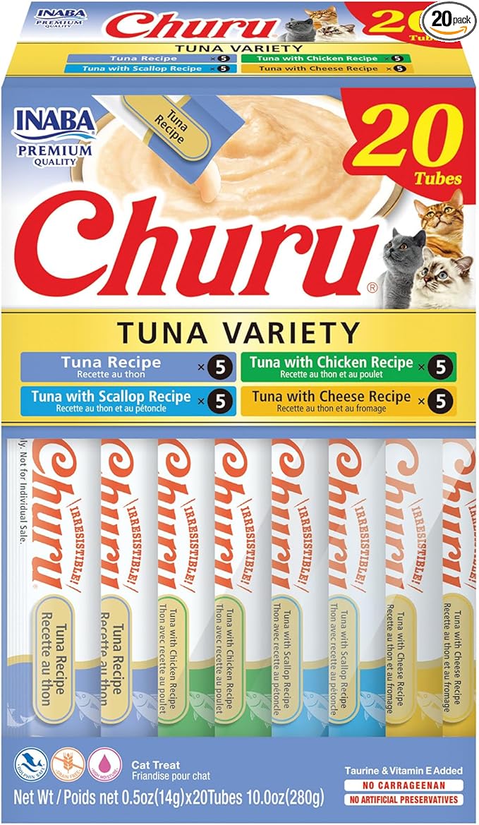 INABA Churu Cat Treats, Lickable, Squeezable Creamy Purée Cat Treat with Green Tea Extract & Taurine, 0.5 Ounces Each Tube, 20 Tubes, Tuna Variety Box