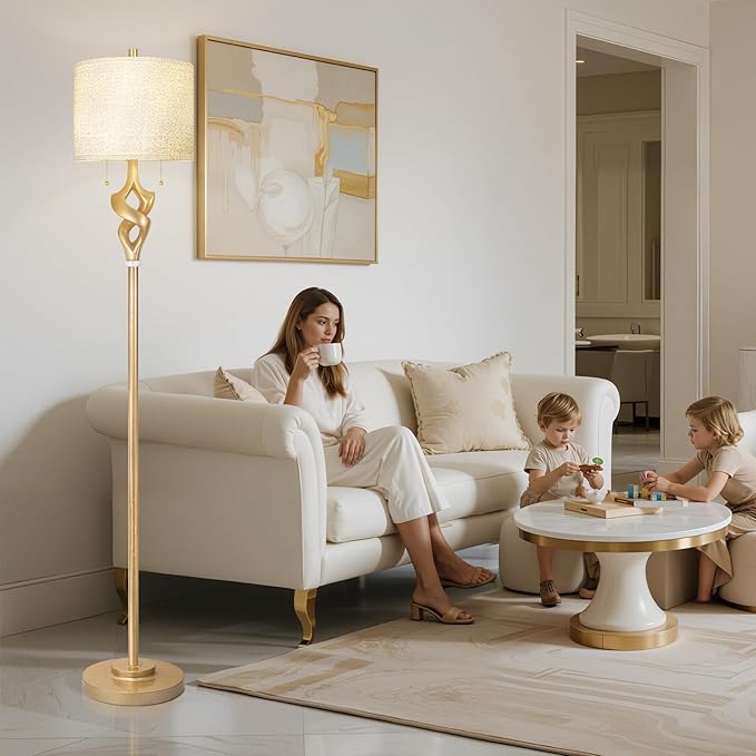 Scenekoy Sculptural 65.5” Floor Lamp for Living Room Bedroom, Gold Leaf Finish & Resin Body, Pull Chains Switch Standing Lamp, Brightness Adjustable Corner Lamp with Bulb Prefer for Home Office Bar