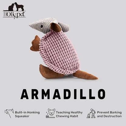Hollypet Plush Dog Squeaky Toy Stuffed Armadillo Animal Pet Puppy Chew Toys with Clean Teeth for Small Medium Large All Breed Sizes Dogs, Pink, 14 in