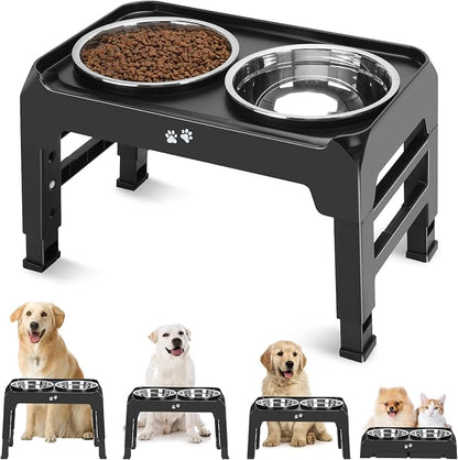 COMESOON Elevated Dog Bowls, 4 Height Adjustable Raised Bowl Stand with 2 Thick 50oz Stainless Steel Food Bowls Non-Slip Feeder Adjusts to 3.7'', 9.2'', 10.75'', 12.36'' Black, (DB-W01)
