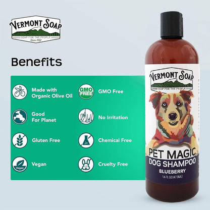 VERMONT SOAP Organics Pet Shampoo - Infused with Organic & Natural Olive Oil, Coconut & Aloe Vera Dog Shampoo for Sensitive Skin - USDA Certified Grooming Pet Shampoo - Blueberry (16oz)