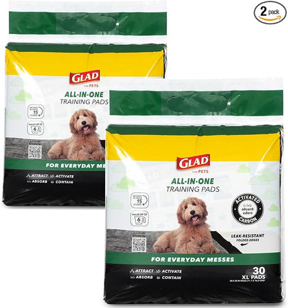 Glad for Pets Extra Large Charcoal Training Pads for Dogs and Puppies, Activated Carbon Odor Control, 6-Layer Absorbent Leak-Proof Pee Pads with Pheromone Attractant, 28 x 30 in, 30 Count - 2 Pack
