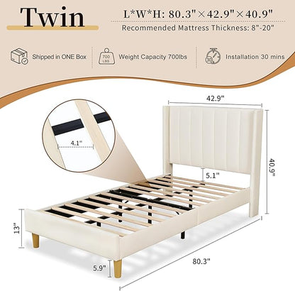 Twin Size Upholstered Platform Bed Frame with Modern Wingback & Vertical Panel Headboard, Velvet Fabric, Wooden Legs & Slats Support, No Box Spring Needed, Noise-Free & Easy Assembly, Cream