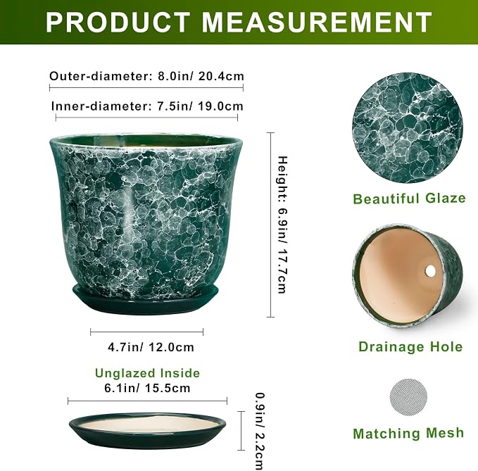 8 Inch Plant Pot - Ceramic Planter with Drainage Hole and Saucer, Round Planter for Indoor Outdoor, Modern Planters, Decorative Flower Pots, Office Room Home Decor, Plant Lover Gifts, Green
