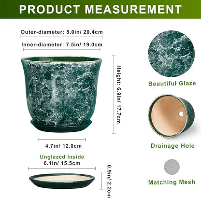 8 Inch Plant Pot - Ceramic Planter with Drainage Hole and Saucer, Round Planter for Indoor Outdoor, Modern Planters, Decorative Flower Pots, Office Room Home Decor, Plant Lover Gifts, Green