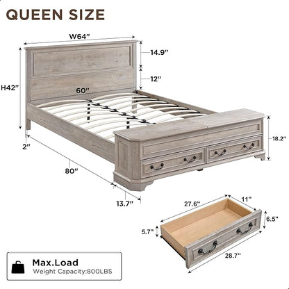 T4TREAM Farmhouse Queen Bed with Headboard and Storage Bench, Rustic Wood Platform Bed with 64" Storage Chest w/ 4 Large Drawer, Light Rustic Oak