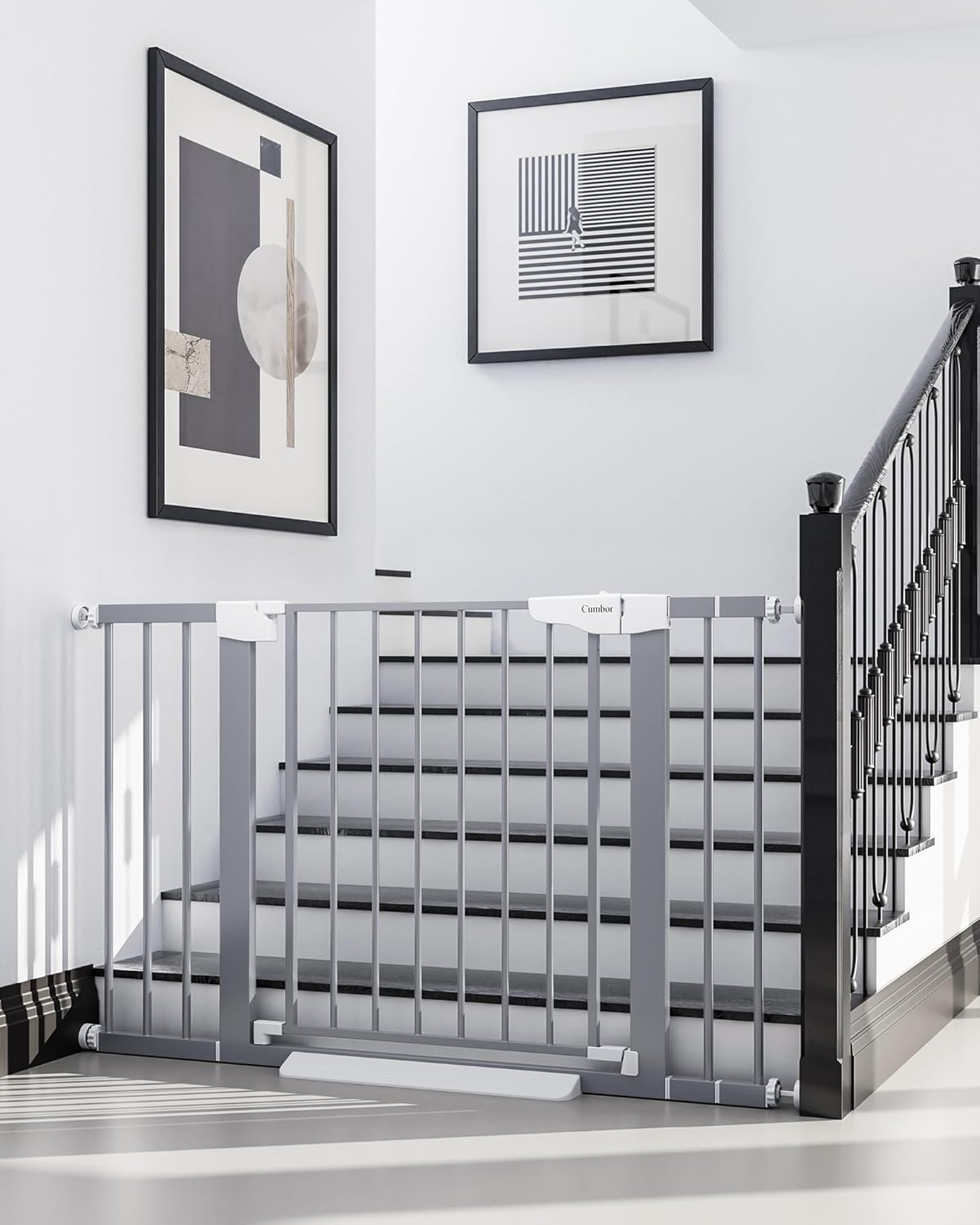 Cumbor 29.7-46" Baby Gate for Stairs, Gifts for Mom-Auto Close Dog Gate for The House, Easy Install Pressure Mounted Pet Gates for Doorways, Easy Walk Thru Wide Safety Gate for Dog, Gray