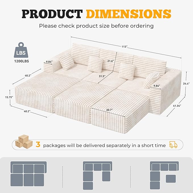 113" Modular Sectional Sofa Bed, Convertible Cloud Couches for Living Room with Ottoman, 6 Seater Corduroy Boneless Couch Sleeper Sofa Set, No Assembly Required, Beige 1 PCS