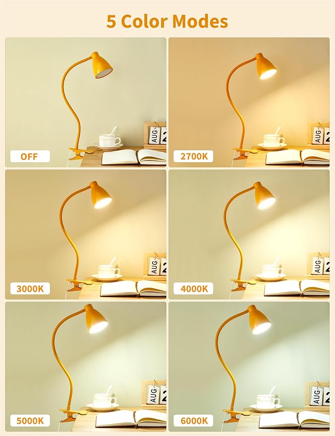 BOHON Clip on Light, 10W 38 LED Desk Lamp with Clamp, 5 Color 10 Brightness Auto Off Timer, Flexible Neck Clip Lamp, Desk Lights for Office Home Bed Bedside Reading, Bright Yellow