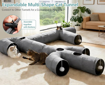 Ownpets Cactus Cat Tunnel 12" with Peek Holes for Indoor Large Cat, Grey | Durable Oxford fabric, noise-free, foldable & connectable, multi-cat friendly, tube for cats up to 20lb, includes ball & wand