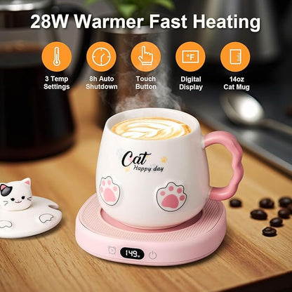 Bsigo Smart Coffee Mug Warmer & Cute Cat Mug Set, Coffee Beverage Cup Warmer