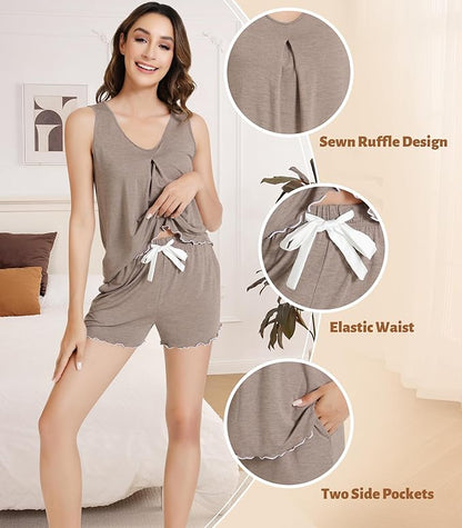 NACHILA Pajamas for Women-Viscose from Bamboo, Ribbed Racerback Tank Top Sexy Split Shorts Pajama Sets Cooling Sleep Cami Pjs