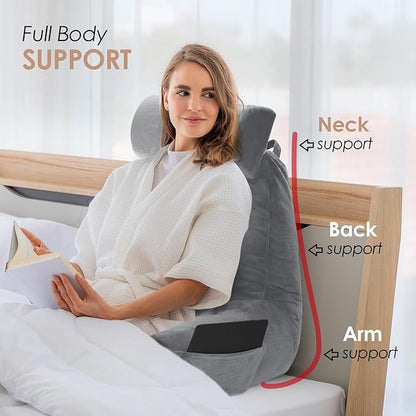 Nestl Reading Pillow with Shredded Memory Foam Includes 2 Neck and Lumber Support Pillows, Designed for Sitting Up in Bed and Couch, Back and Arms Adjustable Support for Adult & Teens, Grey