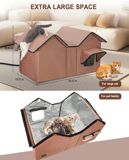 Extra Large Heated Cat House for Outside in Winter, Elevated Heated Outdoor Cat House Weatherproof with Heating pad, Insulated Outdoor Cat Shelter for Multiple Cats Small Dogs (Brown)