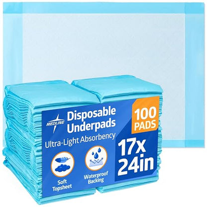 Medline Light Absorbency Underpad, 17" x 24", 100 Count, Disposable Chucks, Bed, Furniture & Surface Protection, For Kids, Adults, Elderly, Puppy Pad, Changing Pad, Incontinence Pee Pad