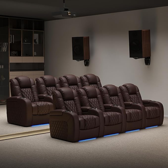 Weilianda Home Theater Seating Top Grain Leather Zero Gravity Recliner Chair Power Headrest Recline Movie Seat Gaming 7 Colors Mood Light Sofa with Tray Table USB Charge Row of 5 Loveseat Right Brown