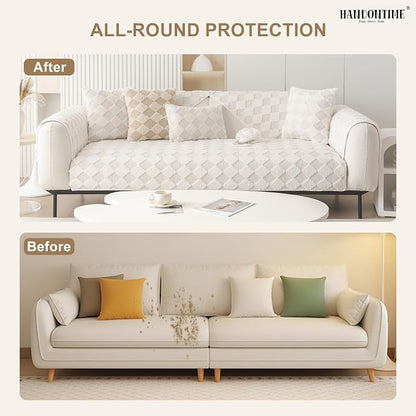 HANDONTIME Non-Slip Pet Couch Cover Washable, Plush Faux Fur Couch Protector for Cushion Pet-Friendly Sofa Covers for Dogs, Checkered Diamond Sectional Covers Dog Mat for Sofa (Ivory, 35.6" x 94.5")