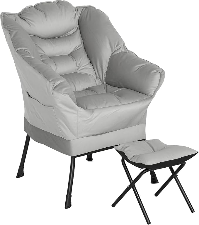 HOMCOM Modern Lazy Chair with Ottoman, Fabric Lounge Accent Chair, Leisure Sofa Armchair with Armrests, Side Pockets, Upholstered Reading Chair and Footstool Set for Living Room, Bedroom, Light Gray