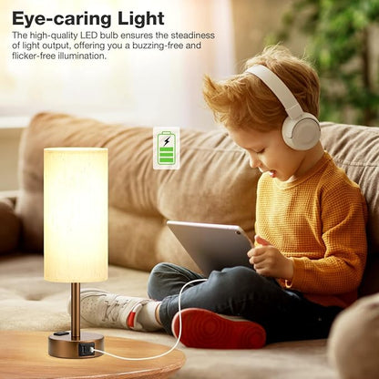 Brown Bedside Table Lamp for Bedroom - 3 Way Dimmable Touch Lamp USB C Charging Ports and AC Outlet, Small Lamp Round Flaxen Cream Fabric Shade for Living Room, Desk, LED Bulb Included
