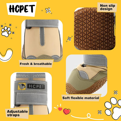 Hcpet Dog Shoes for Large Dogs, Waterproof Dog Booties for Small Medium Dogs, Anti-Slip Dog Boots & Paw Protectors for Hot Pavement Winter Snow Hiking with Reflective Straps Khaki Size 6