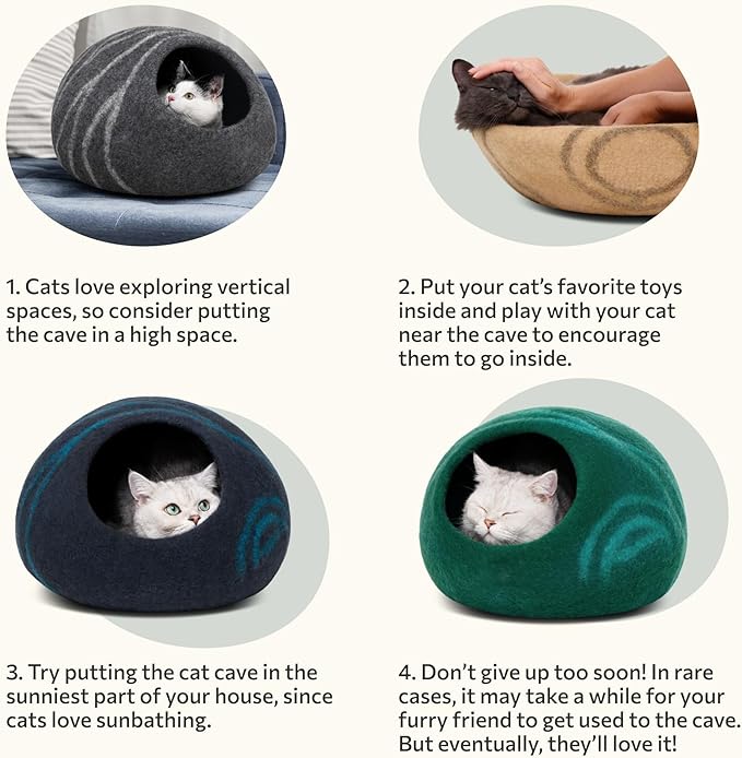MEOWFIA Cat Cave – Premium Felt Cat Bed for Indoor Cats, Handmade 100% Merino Wool (Large, Black Aqua)