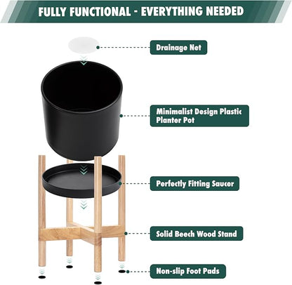 D'vine Dev Plastic Pot with Natural Wood Stand, Black, 14 in, 55-C-S-2 | Mid-Century Inspired Design, Elevated Plant Display, Clean Lines, Sturdy Support, Modern Space-Saving Style