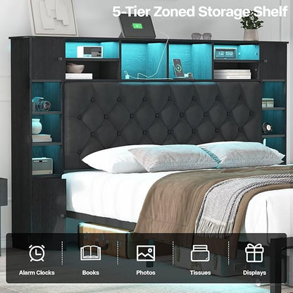 Queen Bed Frame with Bookcase Headboard and Storage Drawers, 51.2" Metal Platform Queen Size Bed Frame with Charging Station and LED Lights, Velvet Upholstered Tufted Bed Frames, Black
