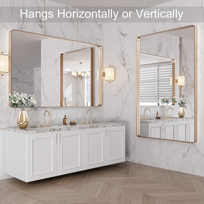 LOAAO 48”X30” Gold Bathroom Mirror, Rounded Rectangle Gold Frame Mirror