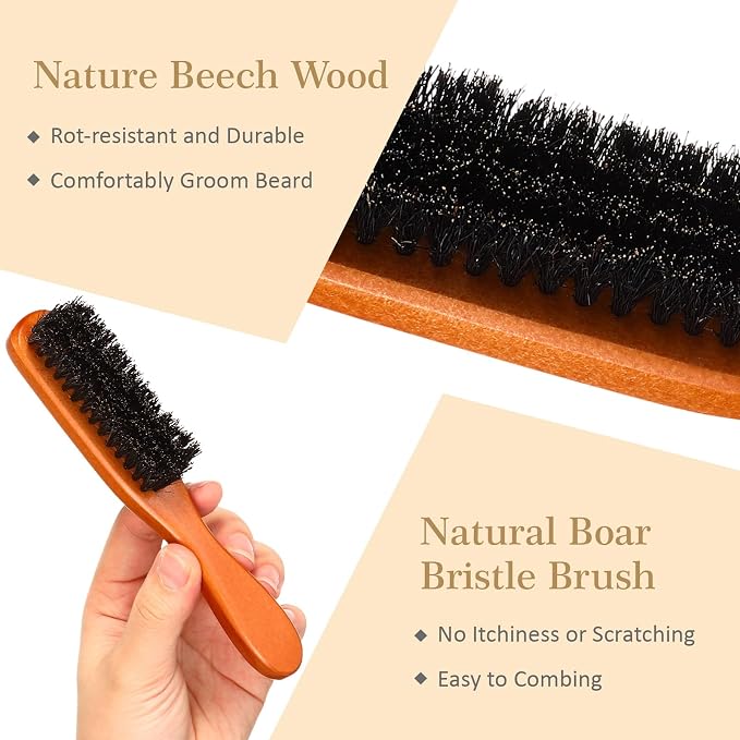 10 Sets Natural Boar Bristle Brush, Pear Wood Dual Sided Wide Tooth Comb with Travel Pouch - Beard Grooming Kit for Men's Beard Care, Valentine Gift (Long Handle)