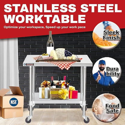 DuraSteel 30x36 NSF Stainless Steel Cart Work Table - Heavy Duty Rolling Food Prep Table Countertop Island - Metal Utility Cart on Wheels Caster, Grill Stand Storage Outdoor Kitchen Tables Bar Top