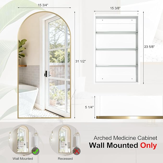 Arched Medicine Cabinet with Mirror, Brushed Gold Medicine Cabinet with Storage